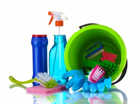 Deep cleaning supplies arranged for a home cleaning session