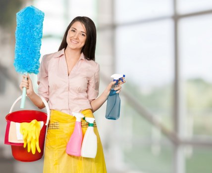 Cleaning supplies arranged for a house cleaning routine