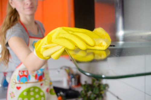Turnover cleaning supplies prepared for an Airbnb kitchen and bathroom
